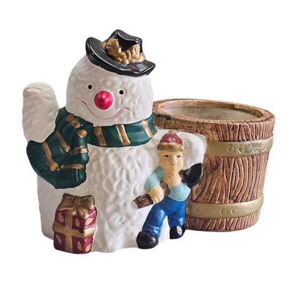 Vintage Snowman & Boy Ceramic Planter Figurine By Houston Harvest - Picture 1 of 9